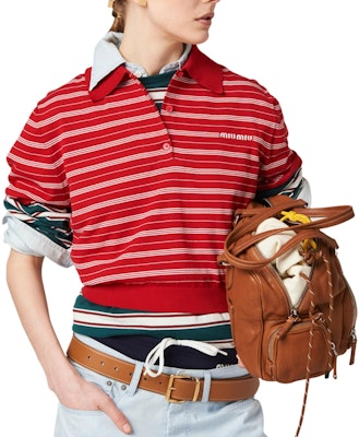 (W) MIU MIU Baju Polo Lengan Pendek Berjalur Huruf - Merah. MML949-140V-F0011-S-OOO Purchase (W) MIU MIU Baju Polo Lengan Pendek Berjalur Huruf - Merah. MML949-140V-F0011-S-OOO