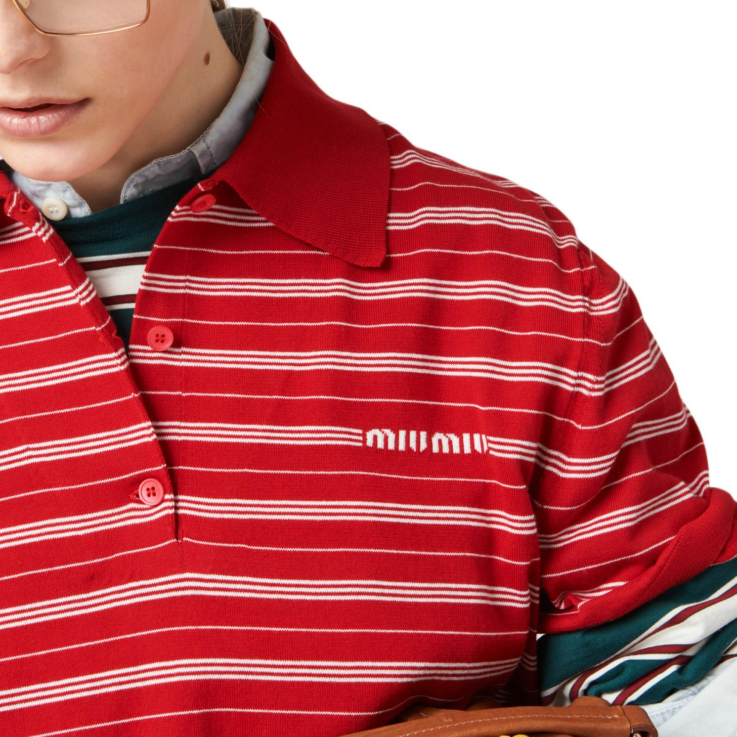 Details for (W) MIU MIU Baju Polo Lengan Pendek Berjalur Huruf - Merah. MML949-140V-F0011-S-OOO