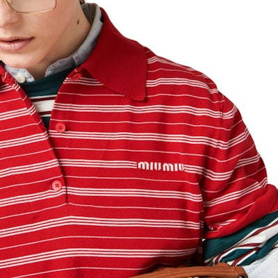 (W) MIU MIU Baju Polo Lengan Pendek Berjalur Huruf - Merah. MML949-140V-F0011-S-OOO Details for (W) MIU MIU Baju Polo Lengan Pendek Berjalur Huruf - Merah. MML949-140V-F0011-S-OOO