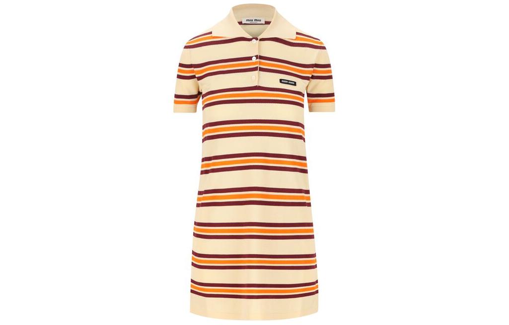 (Women) MIU MIU  Striped Logo Short-Sleeve Mini Dress in Light Brown. MMA847-14AX-F0061
