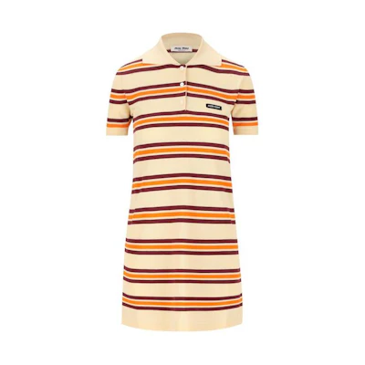 (Women) MIU MIU Striped Logo Short-Sleeve Mini Dress in Light Brown. MMA847-14AX-F0061