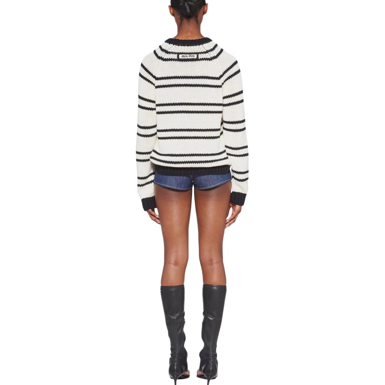 (Women) MIU MIU  Striped Print Cotton Knit Crewneck Sweater White MML793S2321U7W 圖 4