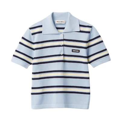 (Women) MIU MIU Striped Silk Cotton Knit Crop Polo Shirt Blue Short Sleeve. MML880-14AX-F0012-S-OOO