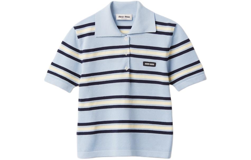 Order (W) MIU MIU Baju Polo Crop Lengan Pendek Jalur Biru Sutera Kapas Knit. MML880-14AX-F0012-S-OOO