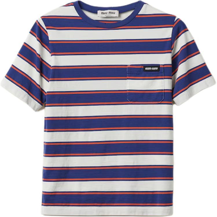 (Women) MIU MIU  Striped Slim Fit Distressed White Short Sleeve T-Shirt. MJN537-14RT-F03SP-S-OOO