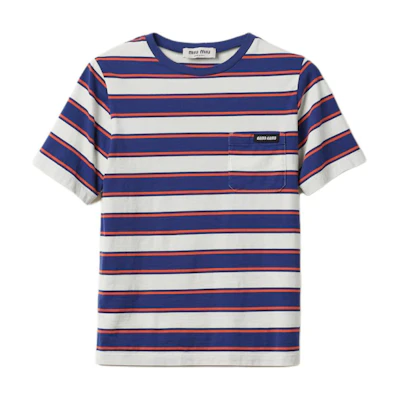 (Women) MIU MIU Striped Slim Fit Distressed White Short Sleeve T-Shirt. MJN537-14RT-F03SP-S-OOO