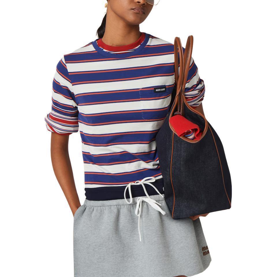 Lookbook (W) MIU MIU 條紋修身破壞白色短袖T恤。 MJN537-14RT-F03SP-S-OOO