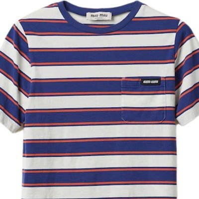 (W) MIU MIU 條紋修身破壞白色短袖T恤。 MJN537-14RT-F03SP-S-OOO Sizing (W) MIU MIU 條紋修身破壞白色短袖T恤。 MJN537-14RT-F03SP-S-OOO