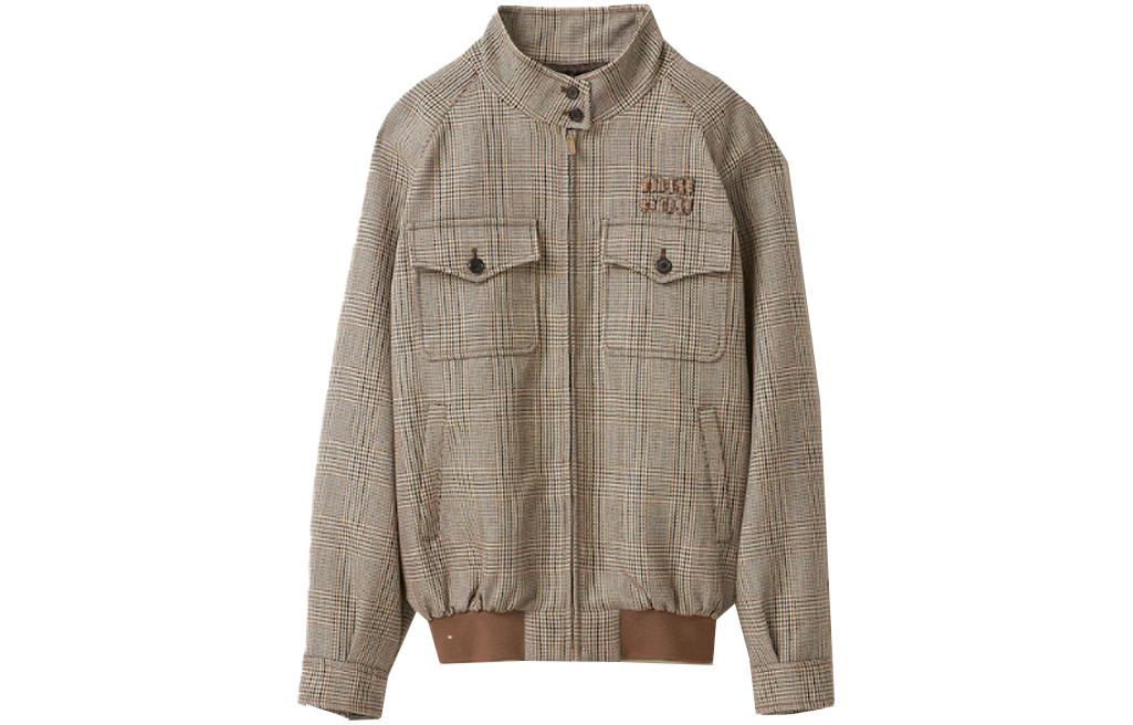(Women) MIU MIU  Tobacco Plaid High-Neck Embroidered Logo Jacket. ML943-13JM-F0005-S-232