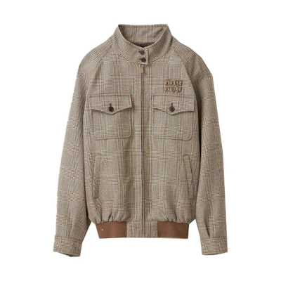 (Women) MIU MIU Tobacco Plaid High-Neck Embroidered Logo Jacket. ML943-13JM-F0005-S-232