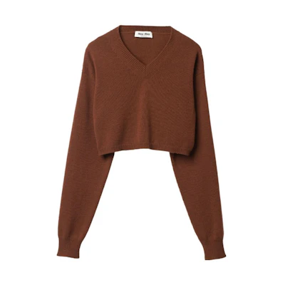 (Women) MIU MIU V-Neck Long Sleeve Knit Sweater Red Brown Color. MML811-13K0-F0005-S-232