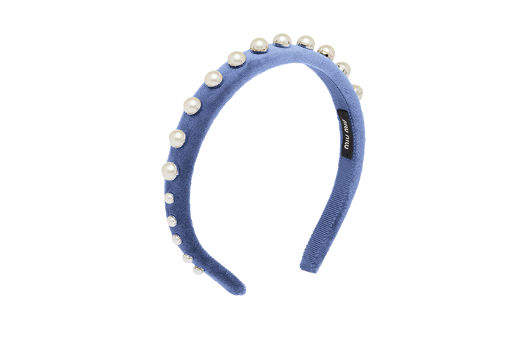 (Women) MIU MIU  Velvet Hairband with Logo and Pearl Embellishments - Blue 5IH0382F4LF0373