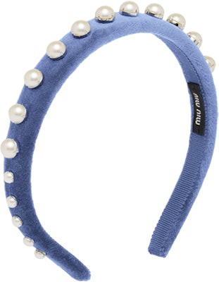 (W) 미우미우 벨벳 로고 진주 장식 헤어밴드 - 블루 5IH0382F4LF0373 Buy (W) 미우미우 벨벳 로고 진주 장식 헤어밴드 - 블루 5IH0382F4LF0373