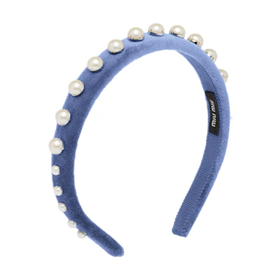 (Women) MIU MIU Velvet Hairband with Logo and Pearl Embellishments - Blue 5IH0382F4LF0373