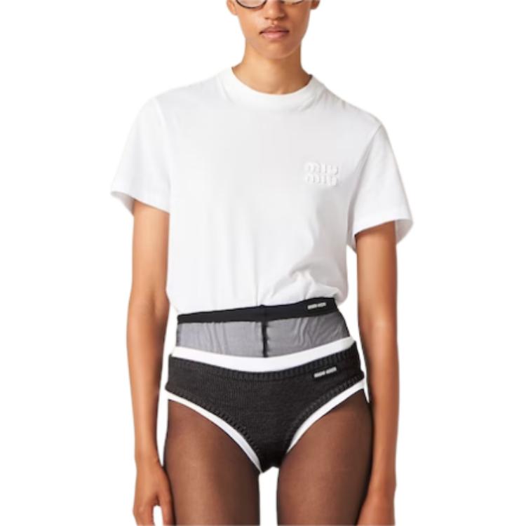 Lookbook (W) MIU MIU 白色 FW23 刺繡Logo短袖圓領T恤。 MJN499-1277-F0009-S-232