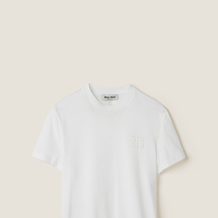 Sizing (W) MIU MIU 白色 FW23 刺繡Logo短袖圓領T恤。 MJN499-1277-F0009-S-232