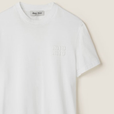 (W) MIU MIU 白色 FW23 刺繡Logo短袖圓領T恤。 MJN499-1277-F0009-S-232 1