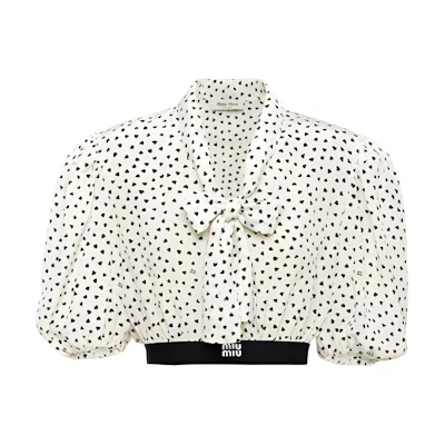 (Women) MIU MIU White Heart Print Short Sleeve Sunscreen Shirt. MT1846-1206-F0A72-S-231