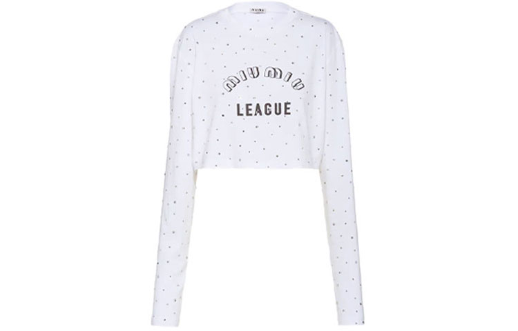 (Women) MIU MIU  White Logo Embroidered Cotton Crop Long-Sleeve Top. MJL822-1ZFS-F0009
