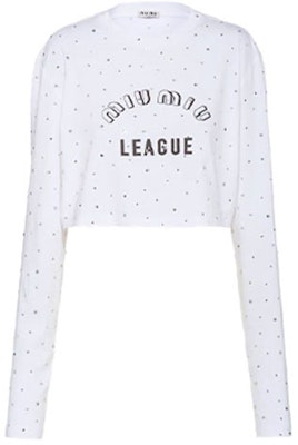 (Women) MIU MIU White Logo Embroidered Cotton Crop Long-Sleeve Top. MJL822-1ZFS-F0009 Buy (Women) MIU MIU White Logo Embroidered Cotton Crop Long-Sleeve Top. MJL822-1ZFS-F0009