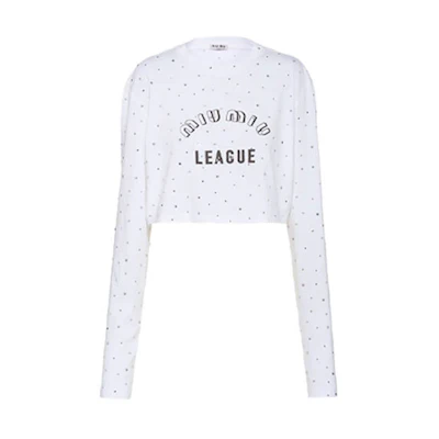 (Women) MIU MIU White Logo Embroidered Cotton Crop Long-Sleeve Top. MJL822-1ZFS-F0009