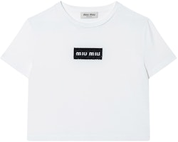 (Women) MIU MIU White Logo Graphic Crew Neck Short Sleeve T-Shirt MJN495-14AT-F0009-S-232 (Women) MIU MIU White Logo Graphic Crew Neck Short Sleeve T-Shirt MJN495-14AT-F0009-S-232
