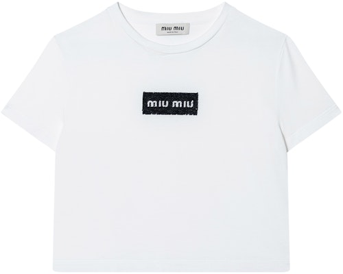 (W) ミュウミュウ ホワイト ロゴ グラフィック クルーネック 半袖 Tシャツ MJN495-14AT-F0009-S-232 Buy (W) ミュウミュウ ホワイト ロゴ グラフィック クルーネック 半袖 Tシャツ MJN495-14AT-F0009-S-232