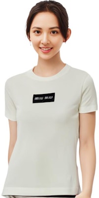 (W) ミュウミュウ ホワイト ロゴ グラフィック クルーネック 半袖 Tシャツ MJN495-14AT-F0009-S-232 Shop (W) ミュウミュウ ホワイト ロゴ グラフィック クルーネック 半袖 Tシャツ MJN495-14AT-F0009-S-232