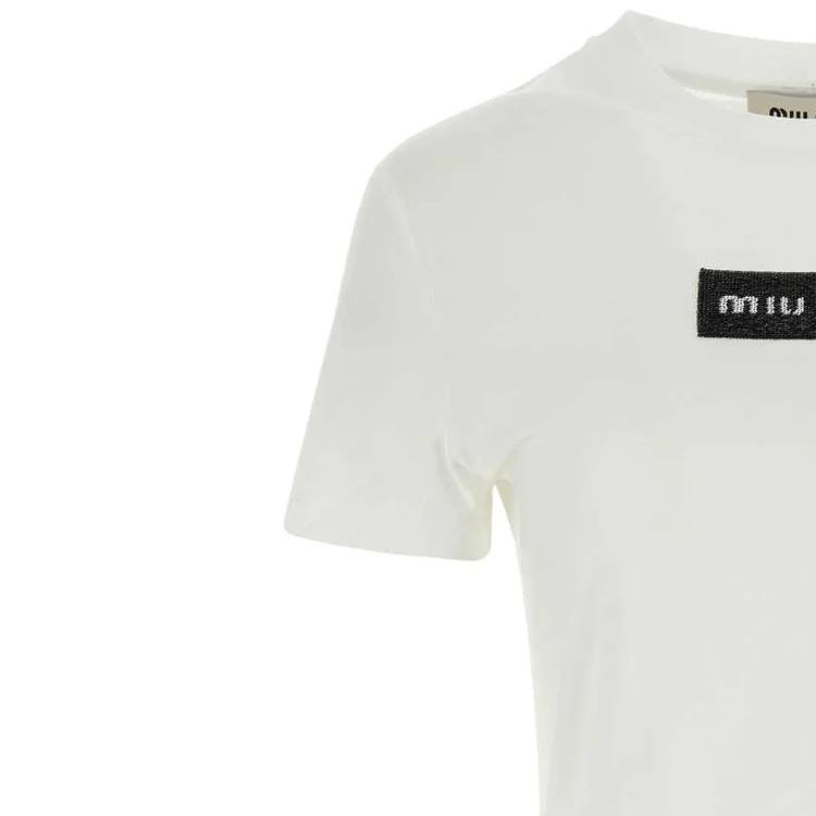 Purchase (W) ミュウミュウ ホワイト ロゴ グラフィック クルーネック 半袖 Tシャツ MJN495-14AT-F0009-S-232