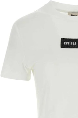 (W) ミュウミュウ ホワイト ロゴ グラフィック クルーネック 半袖 Tシャツ MJN495-14AT-F0009-S-232 Purchase (W) ミュウミュウ ホワイト ロゴ グラフィック クルーネック 半袖 Tシャツ MJN495-14AT-F0009-S-232
