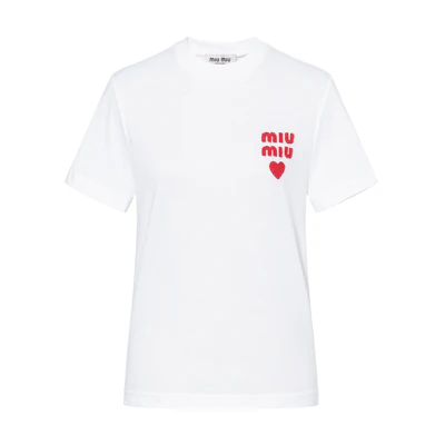 (Women) MIU MIU White Logo Heart Print Short Sleeve Tee. MJN499-1277-F0009-S-WMO