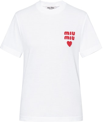 (Women) MIU MIU White Logo Heart Print Short Sleeve Tee. MJN499-1277-F0009-S-WMO Order (Women) MIU MIU White Logo Heart Print Short Sleeve Tee. MJN499-1277-F0009-S-WMO
