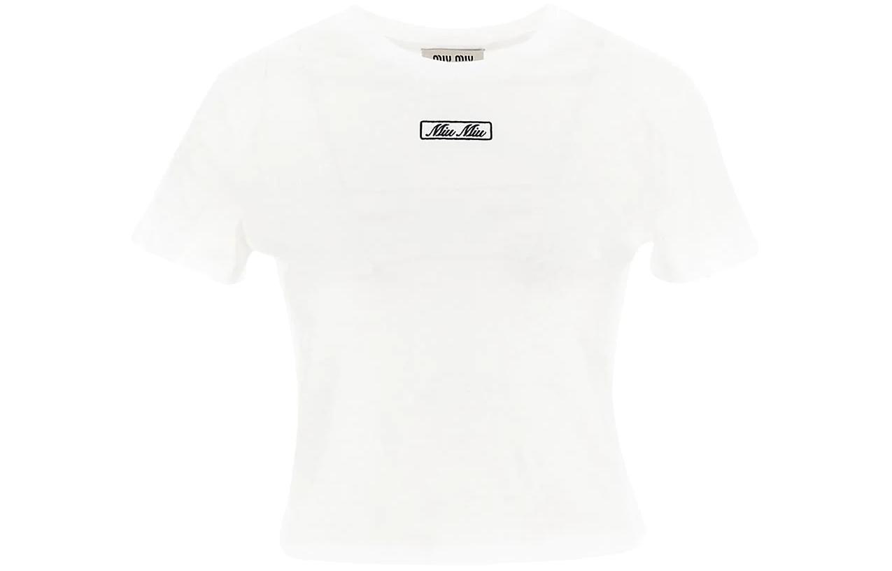 Order (W) MIU MIU ホワイト ロゴプリント クルーネック ショートスリーブ Tシャツ MJN48314ERF0009