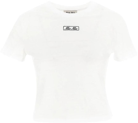 (W) MIU MIU ホワイト ロゴプリント クルーネック ショートスリーブ Tシャツ MJN48314ERF0009 Order (W) MIU MIU ホワイト ロゴプリント クルーネック ショートスリーブ Tシャツ MJN48314ERF0009