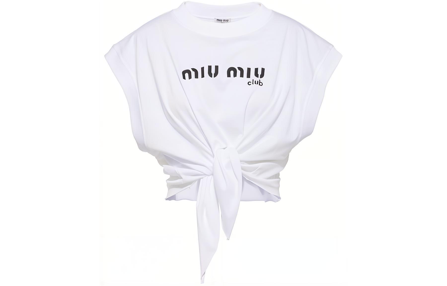 (Women) MIU MIU  White Logo Print Tie-Front Crewneck Short Sleeve T-Shirt. MJT622-1X95-F0009