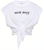 (Women) MIU MIU White Logo Print Tie-Front Crewneck Short Sleeve T-Shirt. MJT622-1X95-F0009 (Women) MIU MIU White Logo Print Tie-Front Crewneck Short Sleeve T-Shirt. MJT622-1X95-F0009