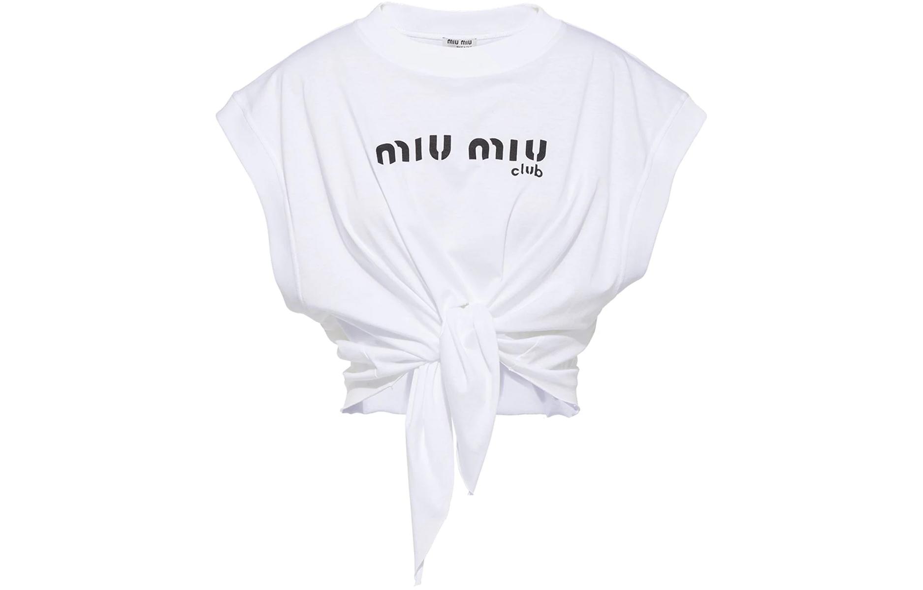 Order (W) MIU MIU Kaos Putih Logo Print Tie-Front Crewneck Lengan Pendek. MJT622-1X95-F0009