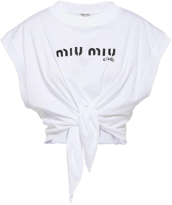 (W) MIU MIU Kaos Putih Logo Print Tie-Front Crewneck Lengan Pendek. MJT622-1X95-F0009 Order (W) MIU MIU Kaos Putih Logo Print Tie-Front Crewneck Lengan Pendek. MJT622-1X95-F0009