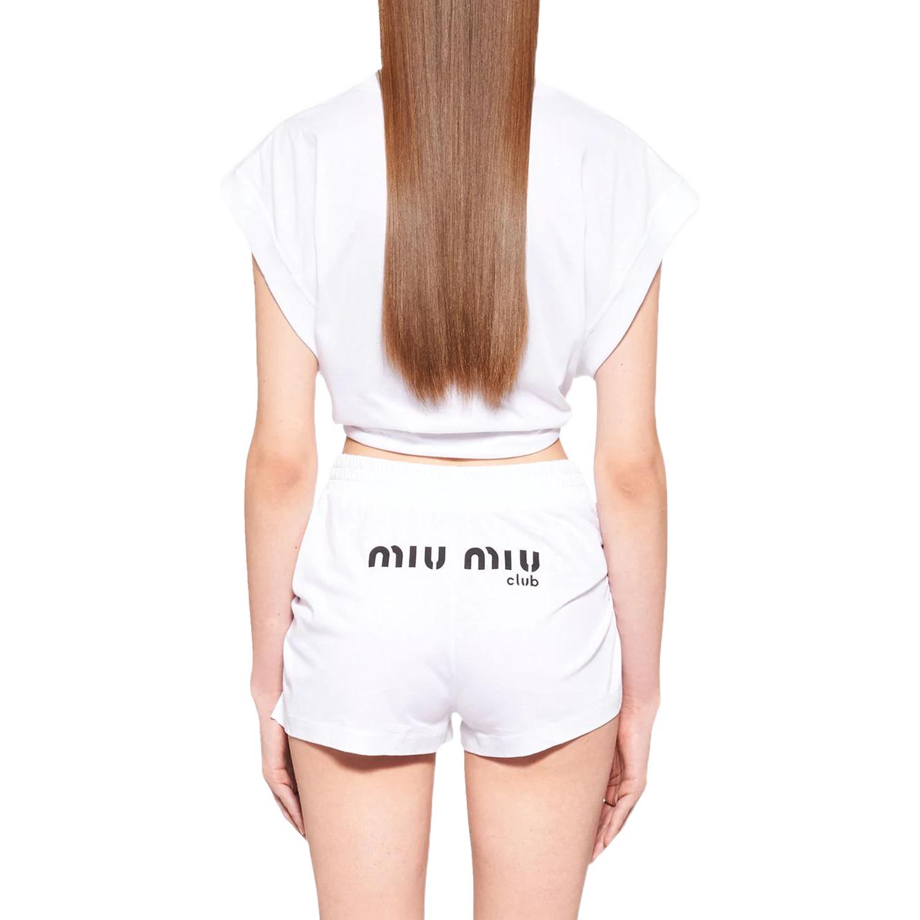 Shop (W) MIU MIU Kaos Putih Logo Print Tie-Front Crewneck Lengan Pendek. MJT622-1X95-F0009