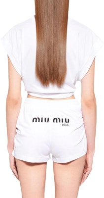 (W) MIU MIU Kaos Putih Logo Print Tie-Front Crewneck Lengan Pendek. MJT622-1X95-F0009 Shop (W) MIU MIU Kaos Putih Logo Print Tie-Front Crewneck Lengan Pendek. MJT622-1X95-F0009