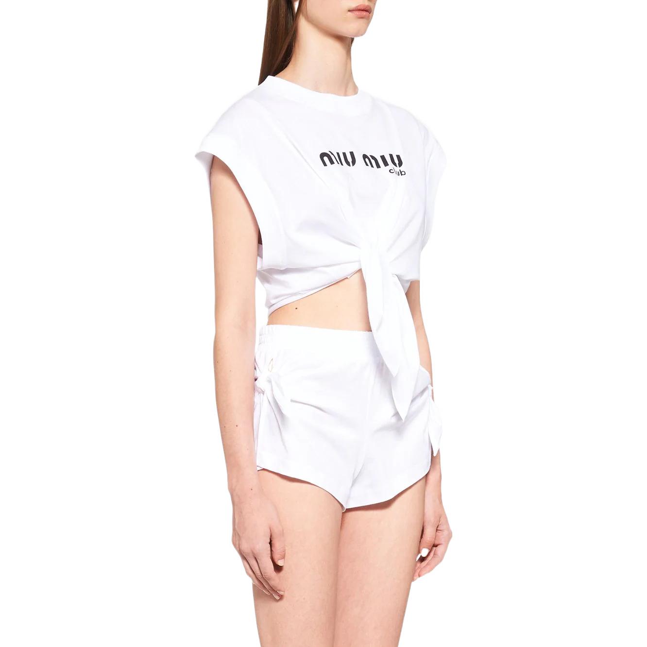 Purchase (W) MIU MIU Kaos Putih Logo Print Tie-Front Crewneck Lengan Pendek. MJT622-1X95-F0009
