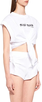 (W) MIU MIU Kaos Putih Logo Print Tie-Front Crewneck Lengan Pendek. MJT622-1X95-F0009 Purchase (W) MIU MIU Kaos Putih Logo Print Tie-Front Crewneck Lengan Pendek. MJT622-1X95-F0009