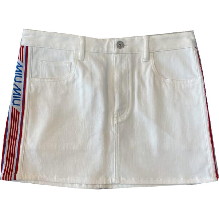 (Women) MIU MIU  White Logo Striped Zipper Casual Mini Skirt. MG1229-1SXL-F0009