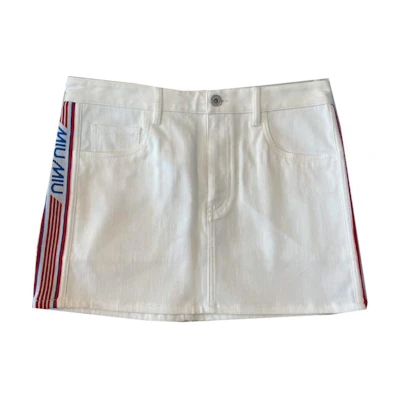 (Women) MIU MIU White Logo Striped Zipper Casual Mini Skirt. MG1229-1SXL-F0009