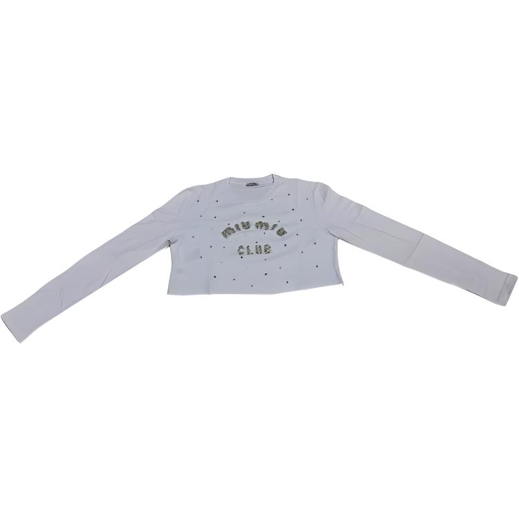 (Women) MIU MIU  White Long-Sleeve T-Shirt with Logo and Crystal Detail. MJL835-10OS-F0009