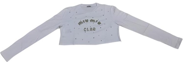 (Women) MIU MIU White Long-Sleeve T-Shirt with Logo and Crystal Detail. MJL835-10OS-F0009 (Women) MIU MIU White Long-Sleeve T-Shirt with Logo and Crystal Detail. MJL835-10OS-F0009