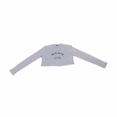(Women) MIU MIU White Long-Sleeve T-Shirt with Logo and Crystal Detail. MJL835-10OS-F0009