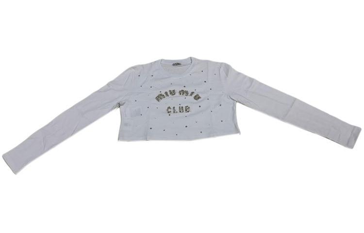 Order (W) MIU MIU Camiseta Blanca de Manga Larga con Logo y Detalle de Cristales. MJL835-10OS-F0009
