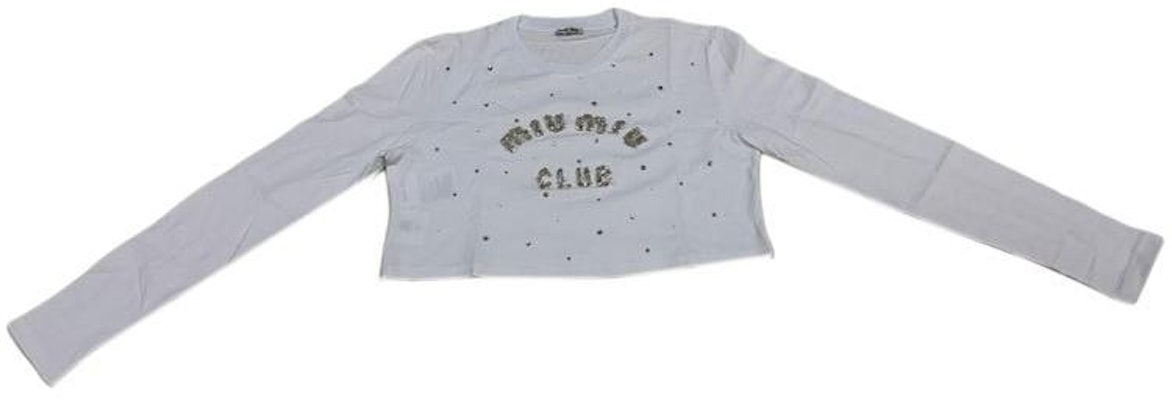(W) MIU MIU Camiseta Blanca de Manga Larga con Logo y Detalle de Cristales. MJL835-10OS-F0009 Order (W) MIU MIU Camiseta Blanca de Manga Larga con Logo y Detalle de Cristales. MJL835-10OS-F0009