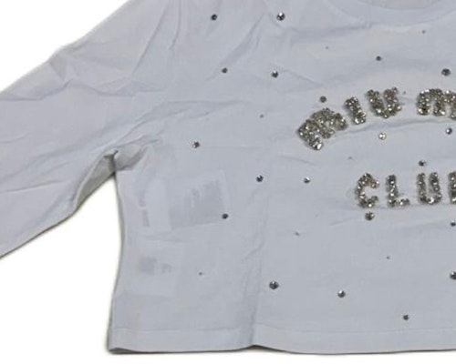 (W) MIU MIU Camiseta Blanca de Manga Larga con Logo y Detalle de Cristales. MJL835-10OS-F0009 Purchase (W) MIU MIU Camiseta Blanca de Manga Larga con Logo y Detalle de Cristales. MJL835-10OS-F0009